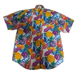 Jaspe Vintage Tropical Print Short Sleeve Button Down Shirt Women Large Cotton